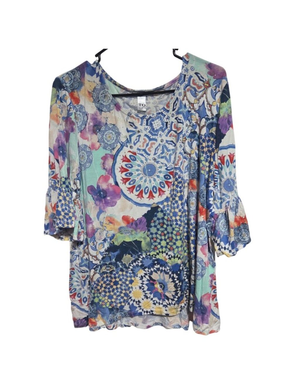 Thomas & Olivia Tunic Top Plus Size 1X Multi Color Boho Print 3/4 Sleeve Retro